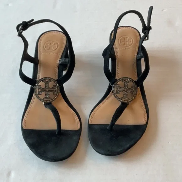 Tory Burch black suede sandal w/ rhinestone logo Size 8 - Picture 2 of 13